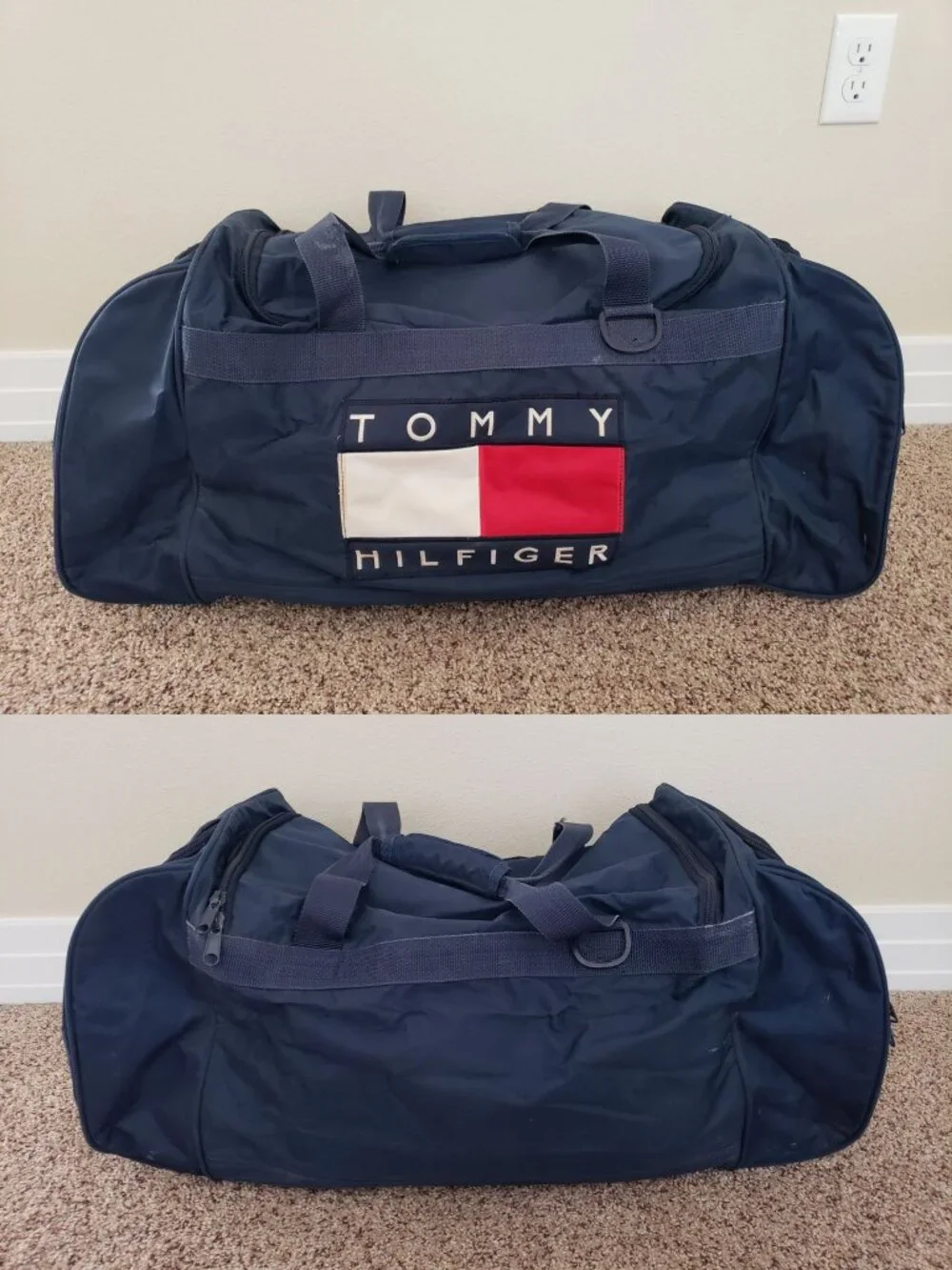 Vintage 90s Tommy Hilfiger Navy Blue Oversized Duffle Bag Weekender Gym Travel